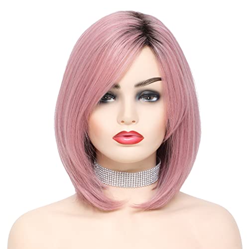 Light Pink Wig with Bangs Cosplay Synthetic Hair Ombre Color Short Straight Pink Wig Dark Roots Wigs for Women