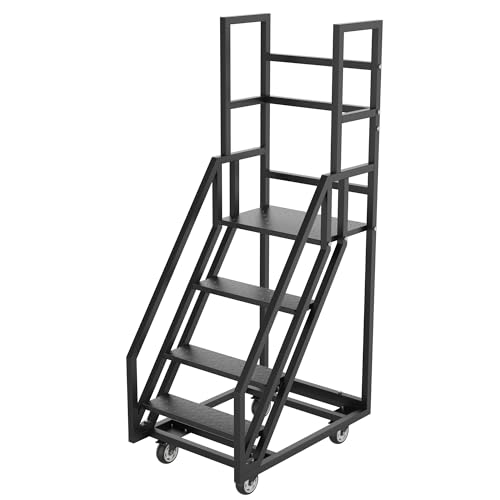 Image of 4 Step Rolling Ladder,39.3 inch W x 23.6 inch D x 78.7 inch H Handrails Anti Slip Storehouse Stair Ladder with Wheel,Movable Industrial Rolling Stairs,Suitable for Libraries Storehouse