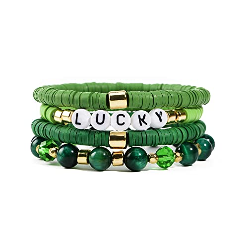 GOOTII St. Patrick Day Heishi Bracelets for Women Clay Beaded Stretch Bracelets Stackable Crystal Stone Beaded Green Bracelets Set Friendship Boho Outfits Jewelry