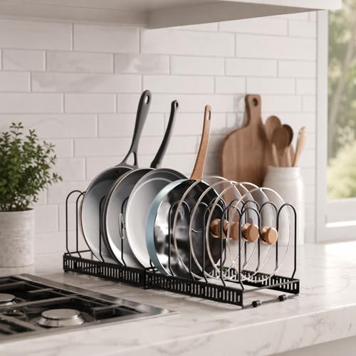 Episent Expandable Pan Organiser Rack For Kitchen Cupboard, Adjustable Pot & Pan Lid Holder With 9 Dividers, Saucepan Lid Storage, Kitchen Storage & Organisation Solution