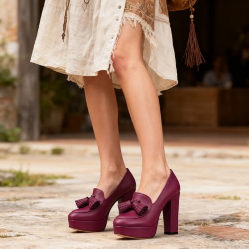 Image of SHODENSE Women Vintage Chunky Platform Loafers Pumps Tassel Round Closed Toe Slip On Suede Block High Heel Dress Loafer Shoes Buckle Strap Oxford Loafers Fringe Pump Dressy Chic Sexy Y2k 4-11 M US