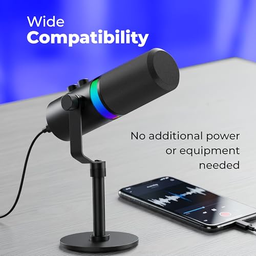 Image of FLYBALL Studio-Grade XLR /USB Dynamic Microphone with Base Stand, RGB Gaming Podcast Mic, Gain Control, Volume Knob, Headphone Monitoring for YouTube, Streaming, Recording (UG 300)
