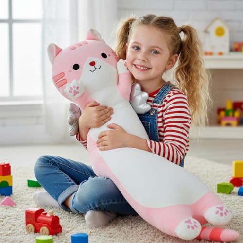 Image of Long Cat Plush Pillow, Cute Cat Stuffed Animal Body Pillow with Wings, Soft Kawaii Kitty Hugging Pillow, Christmas Valentine's Birthday Gift for Kids Girls Boys (Pink, 90cm /35.43in)