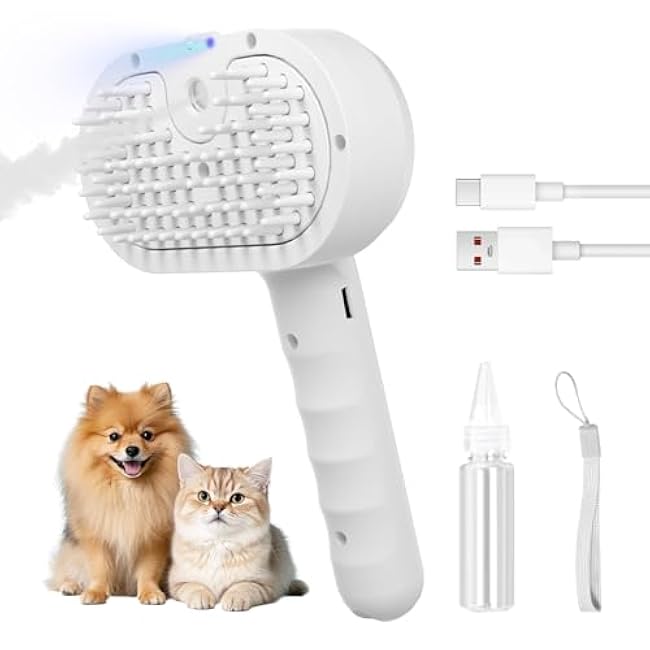 REIKIYA Cat Steam Brush,4-in-1 Spray Hair Removal Dog Brush for Shedding & Grooming with UV Light, Anti-Static Pet Spray Comb with One-Click Release Button-m8HrbsTn