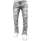 Maiyifu-GJ Men's Patchwork Fashion Jeans Streetwear Stretch Denim Pants Tassels Casual Skinny Trousers (Gray,Small)