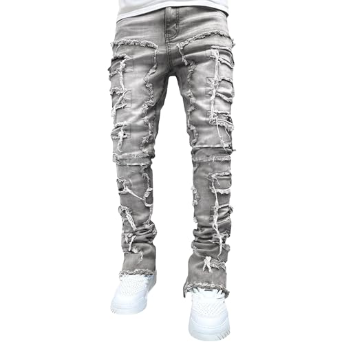 Maiyifu-GJ Men's Patchwork Fashion Jeans Streetwear Stretch Denim Pants Tassels Casual Skinny Trousers (Gray,Small)