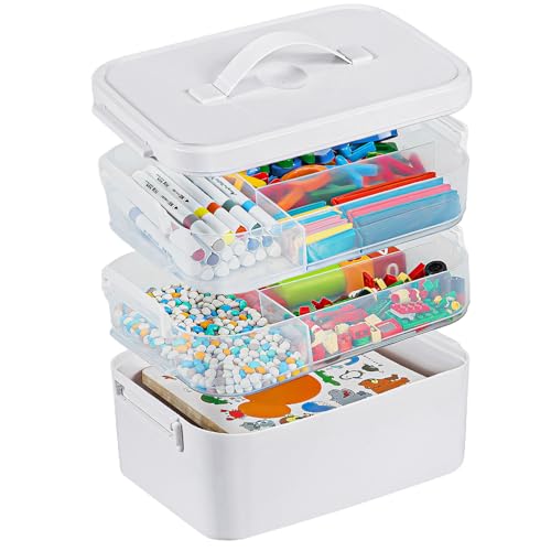 3-Layer Plastic Craft Organizers and Storage Box with Removable Trays, Storage Containers with lids and Handle, Art Supply Storage Organizer for Organizing Bead, Sewing, Tool