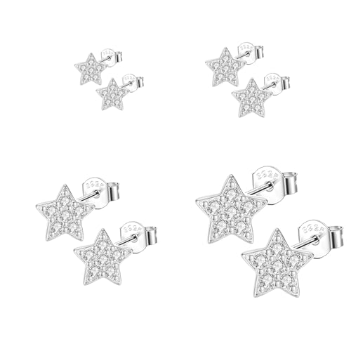 Hinvan 4 Paires Boucles D'oreilles Étoile en Argent Sterling 925 avec Oxydes de Zirconium Petites Étoiles Boucles D'oreilles Argent Hypoallergéniques Clous D'oreilles...