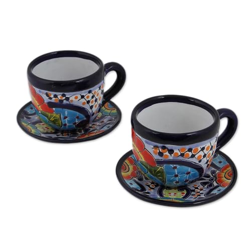 NOVICA Artisan Handmade Ceramic Cups Saucers Talavera Style from Mexico