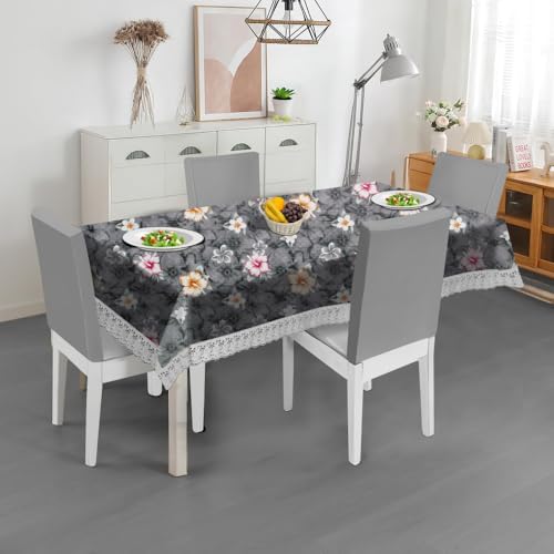 Image of The Furnishing Tree Waterproof PVC Rectangle Shaped 8 Seater Table Cover WxL 60x108 inches Floral Pattern Multi Grey with White Border lace