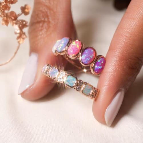 Ethiopian Opal Ring in 14K Rose Gold with White CZ Side Stones – Square Cut Gemstone Stacking Band | October Birthstone Ring Gift for Her Personalized Opal4