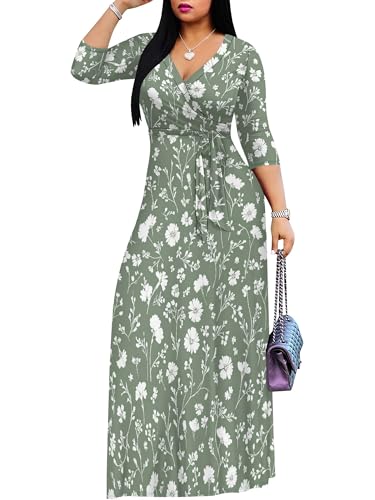 Image of Plus Size Dresses for Women Floral Print Maxi Dress Flowy 3 /4 Sleeve with Belt