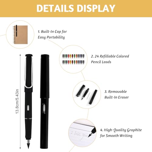 HURODZ 12 Stück Ewiger Bleistift mit 24 Wechselkopfm, Radiergummi Zauberbuntstift, Zauber Buntstift Ohne Anspitzen, Buntstifte Set für Schreiben und Zeichnung Schüler Schule Büro