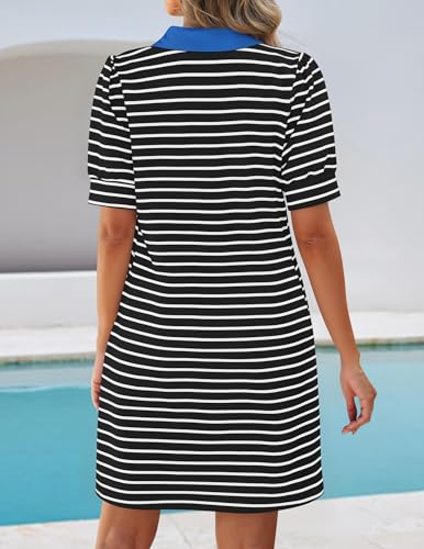 Image of ZESICA Womens Summer Striped T Shirt Mini Dresses 2026 Casual Lapel V Neck Short Sleeve Flowy A Line Beach Vacation Dress