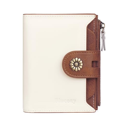 Blucoay Wallet Women,RFID Blocking Leather Womens Wallet Bifold Compact Card Holder Small Wallet for Women with Removable ID Window(Whitebrown)