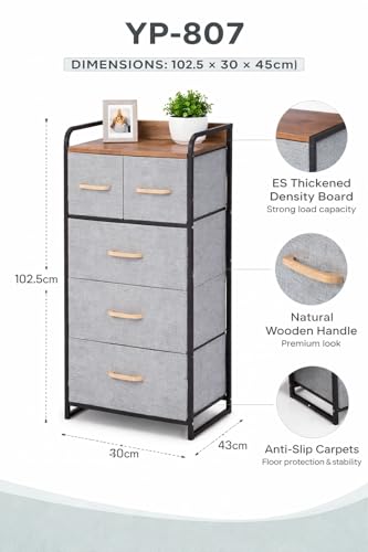Image of Raawan 4 Layer 5 Drawer Fabric Storage Organizer with Wooden Top and Metal Frame, Modern Dresser Storage Unit for Bedroom, Living Room, Office, Kids Room & Closet, Grey (5 Drawer)