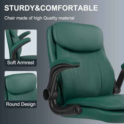 Image of Misolant Drafting Chair, Tall Office Chair for Standing Desk, High Leather Executive Office Chair with Adjustable Height and Flip-up Armrest for Counter Height Desk Green