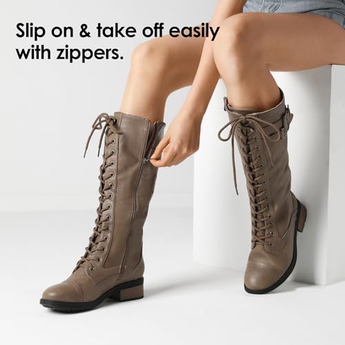 DREAM PAIRS Women's Pu Knee High Riding Combat Boots,Size 6,Khaki,GEORGIA