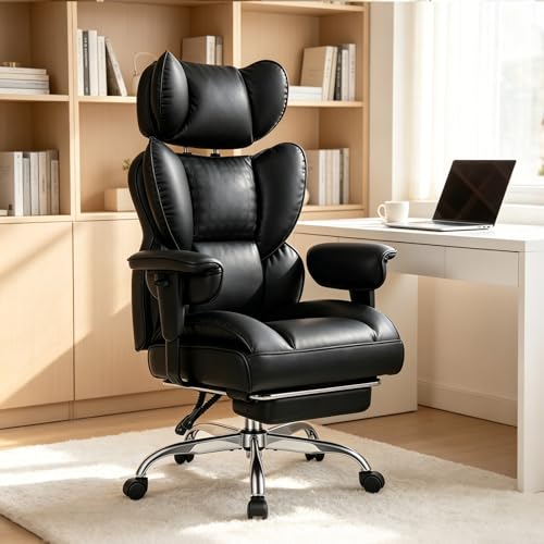 Image of Big and Tall Office Chair 350 LBS, Scratch-Resistant PU Leather Executive Office Desk Chair with Footrest, Ergonomic Reclining Computer Chair with Pocket Spring Support for Home Office, Black