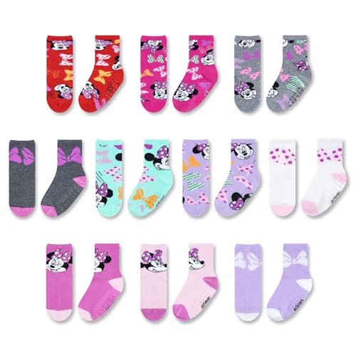 Minnie Mouse Infant and Toddler Girls Socks - 10 Pack with Anti-Slip Grippers Featuring Adorable Minnie Mouse Designs for Ages 6-36 Months