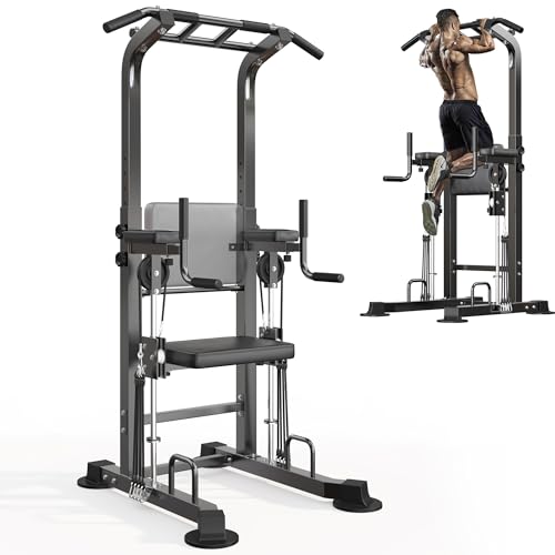 SogesHome Power Tower Pull Up Bar and Dip Station, Multi-Function Pull Ups, Adjustable Height Dip Bar Strength Training Workout Equipment, Pull Up Stand Workout for Home Gym Exercise Equipment, Black