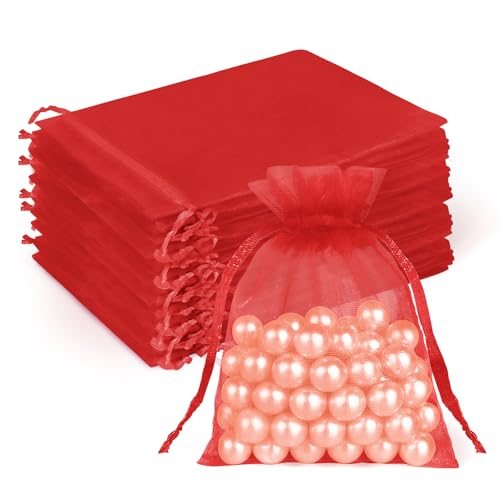 Image of Crweety 50 Pcs Red Organza Bags 3x4 In, Small Mesh Gift Bags with Drawstring, Sheer Gift Pouch for Jewelry Sachet, Wedding Party Favor, Candy, Bridal Shower, Baby Shower Decor & Graduation Gifts