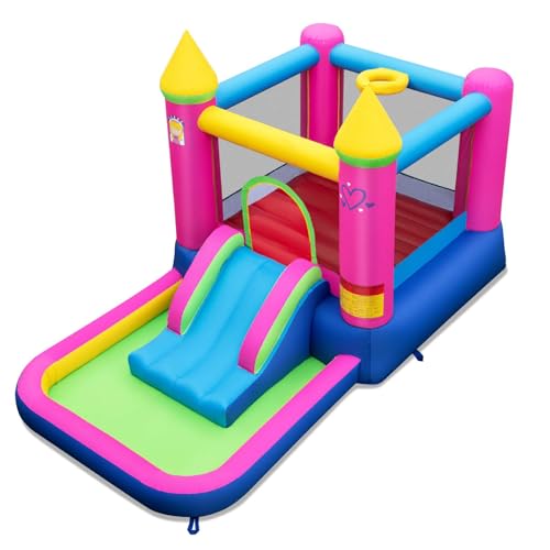 HONEY JOY Inflatable Bounce House, 4-in-1 Kids Princess-Themed Bouncer w/Slide, Jumping Area, Basketball Hoop & Ball Pit, Indoor Outdoor Blow-up Bouncy Castle for Yard, Lawn, Party (Without Blower)