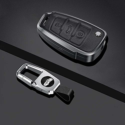 HIBEYO Funda para Llave de Coche Inteligente Compatible con Audi A1 A3 A4 A6 Q3 Q5 Q7 S3 R8 TT Seat, 3 Botones, Piel y aleación de Aluminio, Color Negro Cover