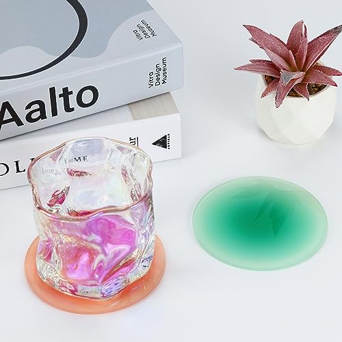 Image of Acrylic Coaster, 6 Pcs Drink Coasters Colorful Acrylic Coaster Set | Cute Coasters Round Heat Resistant Holder Anti Slip Table Coasters with Metal Holder Stand for Table Bar Desk Home Decor
