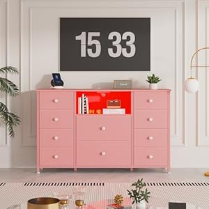 Ldttcuk dresser with charging station and led lights pink dresser for girls bedroom bedroom long dresser tv stand with 10 drawers fabric wide dresser storage organizer for hallway kids room  urban country home decor
