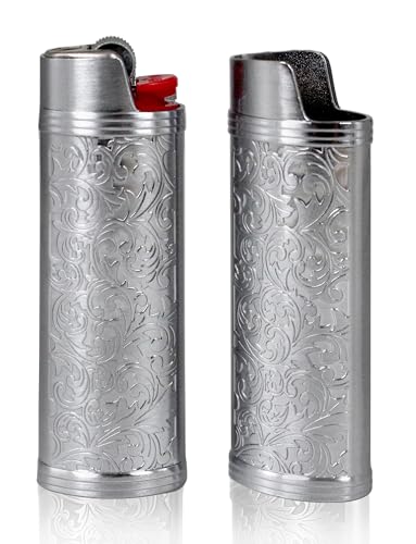 Case Cover Front Arabesque Engraving Reusable Lighter Sleeve For Bic J6 Regular Lighters (style1-silver)