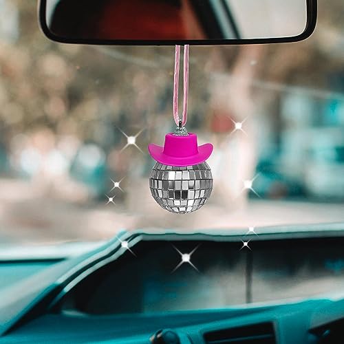 Pink Disco Ball Car Accessory, Disco Car Mirror Ornament, Disco Cowboy Hat Car Charm, Car Disco Decor, Disco Ball for Car Mirror Decor, Disco Car Charm Car Mirror Hanging Accessories