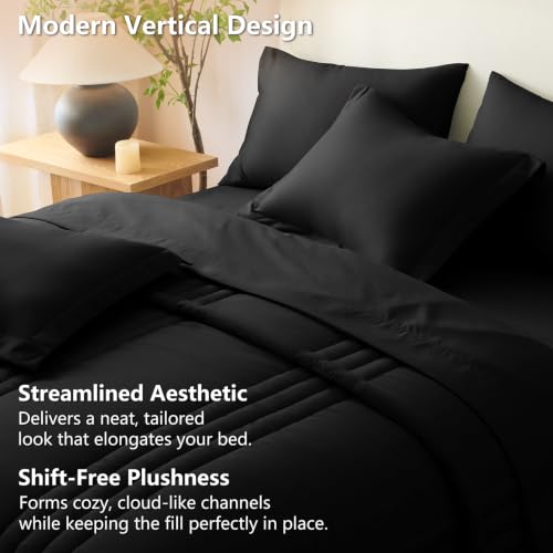 Image of CozyLux Full Size Comforter Sets Black - 7 Pieces Bed in a Bag, Modern Vertical Quilted Room Decor, Soft All-Season Bedding Gift with Comforter, Sheets, Pillowcases & Shams