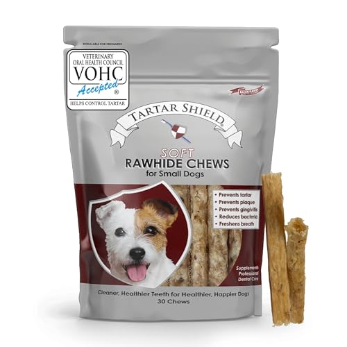 Tartar Shield Soft Rawhide Chews | Safe Dental Treats for Small Dogs | Vet VOHC Approved | Daily Bone Cleans Teeth & Gums Fresh Breath Oral Health Support | USA Made | (Small Dogs / 30 Count)