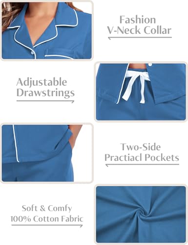 Image of COLORFULLEAF Women's 100% Cotton Pajamas Set Button Down Sleepwear Short Sleeve Shirt and Long Pants Soft Ladies Lounge Sets