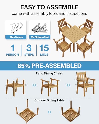 Image of YEFU HIPS Patio Table Set: 5 Piece Outdoor Square Table and Chairs with Metal Aluminum Frame - Teak Modern Plastic Patio Dining Furniture Set 4 Person for Outside Deck