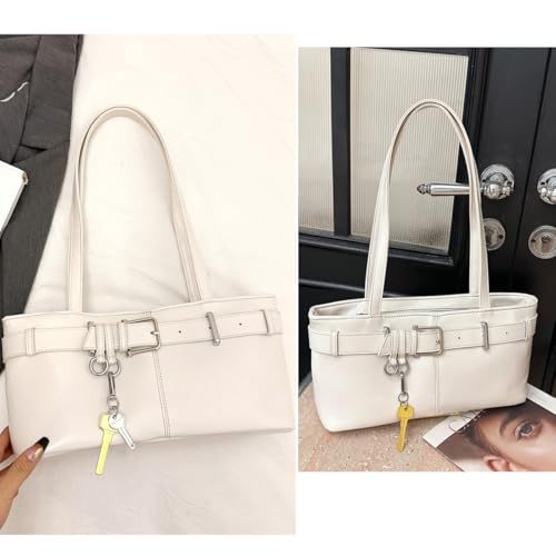 Vintage Y2K Shoulder Bag for Women,Small Belt Buckle Satchel Purse Leather Handbag Clutch Purse, Underarm Tote Handbag for Daily Use - White4