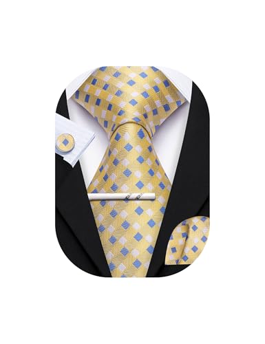 Image of YOHOWA Men Plaid /Striped Ties Set Silk Business Wedding Formal Fashion Necktie and Pocket Square Cufflinks Set