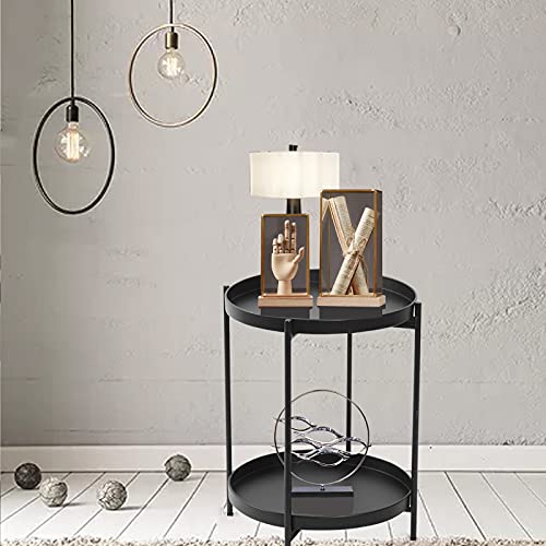 Nukee Black Folding End Table 2-Tier Metal Round Side Table With Removable Tray For Living Room(Black) #TOP7