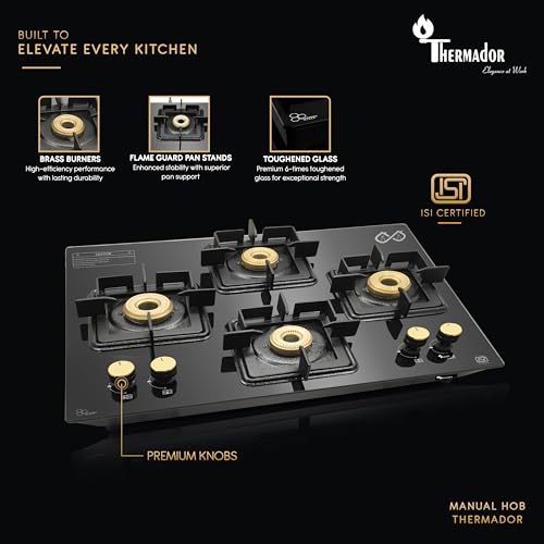 Image of Thermador 4 Burner Diamond Hobtop Gas Stove With Manual Ignition. Toughened Glass Top,Brass Burners,Stainless Steel Drip Tray,Anti-Skid Pan Support- LPG Compatible Kitchen Cooktop