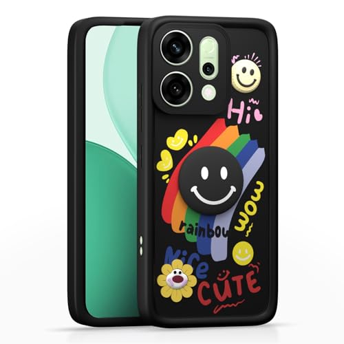 Image of Pikkme Back Cover for Oppo Reno 14 5G | Soft Silicone| Cute Rainbow Smile & 3D Cartoon Flower Design | Shockproof Raised Camera Protection Bumper Case (Black)