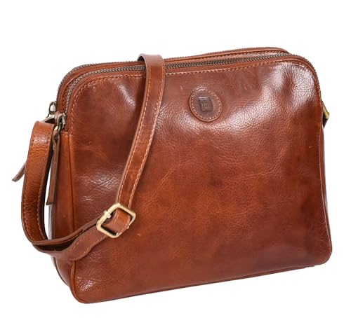 Sac à bandoulière en cuir véritable femme classique double fermeture éclair poches