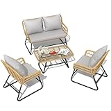 YITAHOME 4 Piece Patio Furniture Set, Outdoor Wicker Furniture Set with Removable Cushion, Rattan Patio Loveseat Set for Garden, Backyard, and Deck,Armchairs, Glass Side Table, Light Gray & Beige
