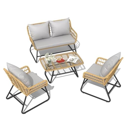 YITAHOME Outdoor Conversation Set 4 Piece, Outdoor Wicker Bistro Set with Removable Cushion, Rattan Patio Loveseat Sets for Garden, Backyard, and Deck,Armchairs, Glass Side Table, Light Gray & Beige