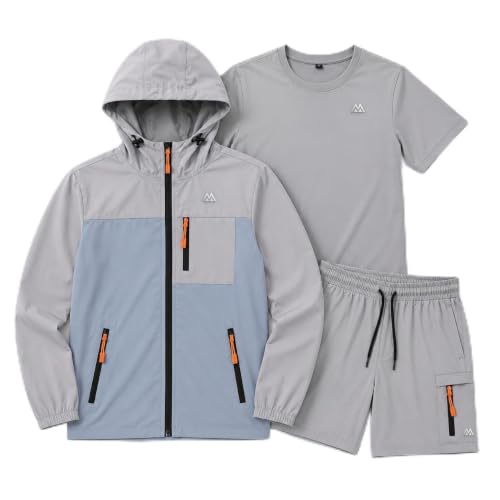Image of Kids Boys 3 Piece Shorts Set – Hooded Zip Jacket, T-Shirt & Elastic Waist Shorts, Lightweight Casual Summer Outfit for Boys, Ages 7-14 Years (UK, Age, 11 Years, 12 Years, Regular, Grey Blue)