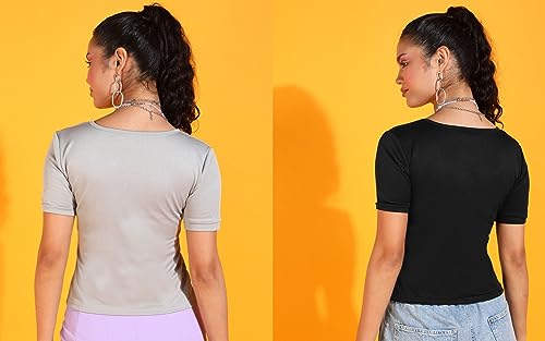 Image of POPWINGS Casual Solid Square Neck Short Sleeves Summer Wear Tops Combo for Women