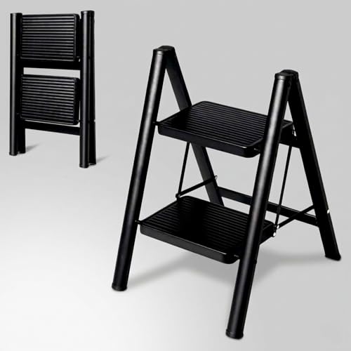 Image of JIALTO 2 Step Metal Ladder for Home, Foldable Lightweight Stepping Stool with Wide Pedals, Anti Slip Heavy Duty 150 Kg Capacity, Portable for Kitchen, Office & Library (Black)