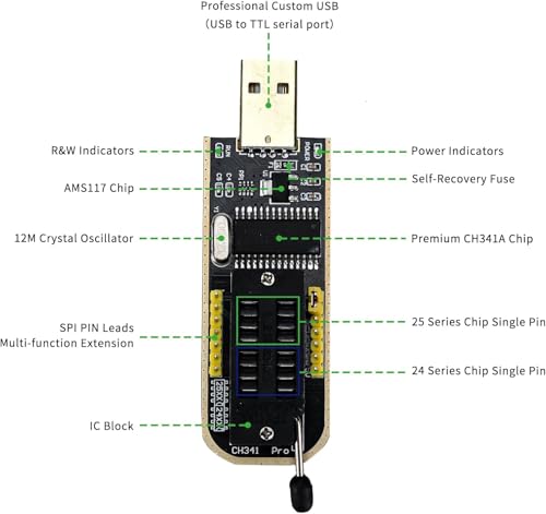 CH341A Programmierer und abnehmbarer SOP8-Testclips-Organizer, CH341A + SOP8 Doppelplatine Flash-Chip-IC-Testclips, 25er-Serie, Flash-BIOS-USB-Programmiermodul (einzelner Clip + USB)