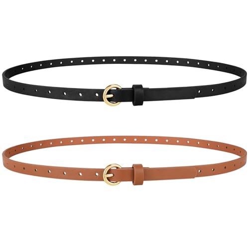 2 Pack Women Skinny Belts for Jeans Dress Thin Faux Leather Belt for Ladies with Adjustable Gold Buckle
