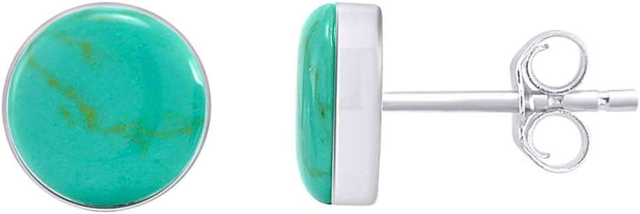 7MM Turquoise Gemstone Stud Earrings for Women Bezel Set Round Dome Button Earrings in 14K Gold Plated 925 Sterling Silver Birthstone Jewelry Gift for Her